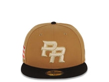 Load image into Gallery viewer, Puerto Rico New Era World Baseball Classic WBC 59FIFTY 5950 Fitted Cap Hat Light Brown Crown Black Visor White/Metallic Gold Logo Gray UV