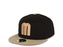 Load image into Gallery viewer, Mexico New Era World Baseball Classic WBC 59FIFTY 5950 Fitted Cap Hat Black Crown Khaki Visor Peach/Metallic Brown Logo Dark Orange UV