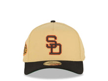 Load image into Gallery viewer, San Diego Padres New Era MLB 9FORTY 940 A-Frame Adjustable Hat Vegas Gold Crown Black Visor Brown/Orange Cooperstown Logo 50th Anniversary Side Patch