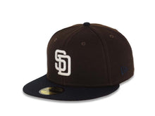Load image into Gallery viewer, San Diego Padres New Era MLB 59FIFTY 5950 Fitted Cap Hat Dark Brown Crown Navy Blue Visor White Logo 1998 World Series Side Patch Pink UV