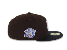 Load image into Gallery viewer, San Diego Padres New Era MLB 59FIFTY 5950 Fitted Cap Hat Dark Brown Crown Navy Blue Visor White Logo 1998 World Series Side Patch Pink UV