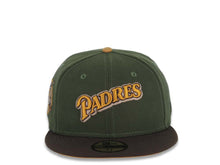 Load image into Gallery viewer, San Diego Padres New Era MLB 59FIFTY 5950 Fitted Cap Hat Olive Green Crown Brown Visor Tan/Cream Script Logo 40th Anniversary Side Patch Tan UV
