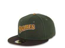 Load image into Gallery viewer, San Diego Padres New Era MLB 59FIFTY 5950 Fitted Cap Hat Olive Green Crown Brown Visor Tan/Cream Script Logo 40th Anniversary Side Patch Tan UV