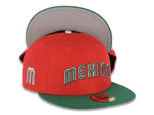 Load image into Gallery viewer, Mexico New Era WBC World Baseball Classic 59FIFTY 5950 Fitted Cap Hat Red Crown Green Visor Green/White Arch Script/Text Logo M Side Logo Patch