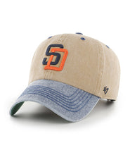 Load image into Gallery viewer, San Diego Padres '47 MLB Clean Up Adjustable Cap Hat Khaki Crown Denim Visor Navy/Orange Logo Padres Eldin Side Patch
