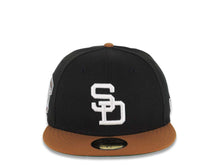 Load image into Gallery viewer, (Pin Included) San Diego Padres New Era MLB 59FIFTY 5950 Fitted Cap Hat Black Crown Brown Visor White Cooperstown Logo Go Padres Side Patch Green UV