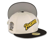 Load image into Gallery viewer, San Diego Padres New Era MLB 59FIFTY 5950 Fitted Cap Hat Chrome Crown Black Visor Yellow/Black Script Logo 25th Anniversary Side Patch Gray UV