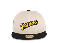 Load image into Gallery viewer, San Diego Padres New Era MLB 59FIFTY 5950 Fitted Cap Hat Chrome Crown Black Visor Yellow/Black Script Logo 25th Anniversary Side Patch Gray UV