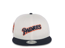 Load image into Gallery viewer, San Diego Padres New Era MLB 9FIFTY 950 Snapback Cap Hat Cream Crown Navy Visor Navy/Metallic Silver Script Logo 25th Anniversary Side Patch Gray UV