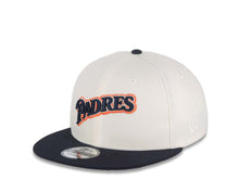 Load image into Gallery viewer, San Diego Padres New Era MLB 9FIFTY 950 Snapback Cap Hat Cream Crown Navy Visor Navy/Metallic Silver Script Logo 25th Anniversary Side Patch Gray UV