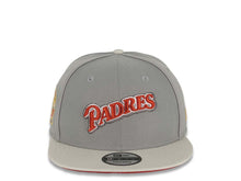 Load image into Gallery viewer, San Diego Padres New Era MLB 9FIFTY 950 Snapback Cap Hat Gray Crown Piping Stone Visor Metallic Black Script Logo 25th Anniversary Side Patch Red UV