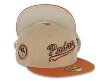 Load image into Gallery viewer, San Diego Padres New Era MLB 59FIFTY 5950 Fitted Cap Hat Khaki Crown Dark Orange Visor Metallic Copper/Black Logo Centennial Side Patch Stone UV