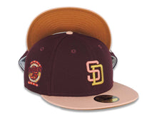 Load image into Gallery viewer, San Diego Padres New Era MLB 59FIFTY 5950 Fitted Cap Hat Maroon Crown Light Peach Visor Pink/Metallic Gold Logo 25th Anniversary Side Patch LightBrown