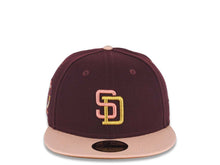 Load image into Gallery viewer, San Diego Padres New Era MLB 59FIFTY 5950 Fitted Cap Hat Maroon Crown Light Peach Visor Pink/Metallic Gold Logo 25th Anniversary Side Patch LightBrown