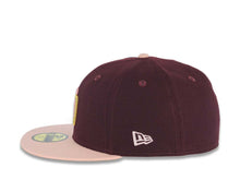 Load image into Gallery viewer, San Diego Padres New Era MLB 59FIFTY 5950 Fitted Cap Hat Maroon Crown Light Peach Visor Pink/Metallic Gold Logo 25th Anniversary Side Patch LightBrown