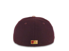 Load image into Gallery viewer, San Diego Padres New Era MLB 59FIFTY 5950 Fitted Cap Hat Maroon Crown Light Peach Visor Pink/Metallic Gold Logo 25th Anniversary Side Patch LightBrown