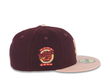 Load image into Gallery viewer, San Diego Padres New Era MLB 59FIFTY 5950 Fitted Cap Hat Maroon Crown Light Peach Visor Pink/Metallic Gold Logo 25th Anniversary Side Patch LightBrown