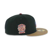 Load image into Gallery viewer, San Diego Padres New Era MLB 59FIFTY 5950 Fitted Cap Hat Dark Green Crown Kahki Visor Cardinal/Metallic Blue Swinging Friar 25th Anniversary SidePatch