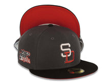 Load image into Gallery viewer, San Diego Padres New Era MLB 59FIFTY 5950 Fitted Cap Hat Dark Gray Crown Black Visor White/Metallic Red Cooperstown Logo 1984 World Series Side Patch