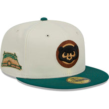 Load image into Gallery viewer, Chicago Cubs New Era MLB 59FIFTY 5950 Fitted Cap Hat Chrome Crown Green Visor Black/Brown Cub Logo Wrigley Field 100 Years Anniversary Gray UV Camp