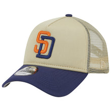 Load image into Gallery viewer, San Diego Padres New Era MLB 9FORTY 940 Adjustable A-Frame Foam Cap Hat Vegas Gold Crown Light Navy Visor Orange/Light Navy Logo Mesh Trucker Back