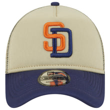 Load image into Gallery viewer, San Diego Padres New Era MLB 9FORTY 940 Adjustable A-Frame Foam Cap Hat Vegas Gold Crown Light Navy Visor Orange/Light Navy Logo Mesh Trucker Back