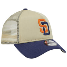 Load image into Gallery viewer, San Diego Padres New Era MLB 9FORTY 940 Adjustable A-Frame Foam Cap Hat Vegas Gold Crown Light Navy Visor Orange/Light Navy Logo Mesh Trucker Back