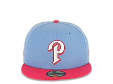 Load image into Gallery viewer, San Diego Padres New Era MLB 59FIFTY 5950 Fitted Cap Hat Sky Blue Crown Magenta Visor White/Magenta P Logo Batterman Batty Side Patch Gray UV