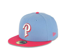 Load image into Gallery viewer, San Diego Padres New Era MLB 59FIFTY 5950 Fitted Cap Hat Sky Blue Crown Magenta Visor White/Magenta P Logo Batterman Batty Side Patch Gray UV