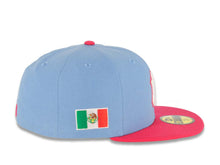 Load image into Gallery viewer, New York Yankees New Era MLB 59FIFTY 5950 Fitted Cap Hat Sky Blue Crown Magenta Visor White/Magenta Logo Mexico Flag Side Patch Gray UV