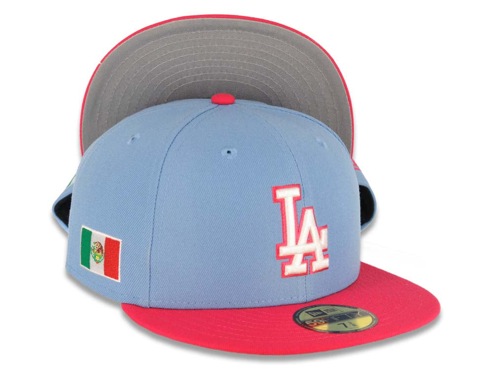 Los Angeles Dodgers New Era MLB 59FIFTY 5950 Fitted Cap Hat Sky Blue Crown Magenta Visor White/Magenta Logo Mexico Flag Side Patch Gray UV 7