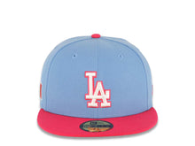 Load image into Gallery viewer, Los Angeles Dodgers New Era MLB 59FIFTY 5950 Fitted Cap Hat Sky Blue Crown Magenta Visor White/Magenta Logo Mexico Flag Side Patch Gray UV