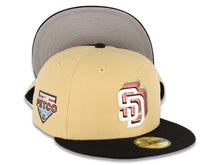 Load image into Gallery viewer, San Diego Padres New Era MLB 59FIFTY 5950 Fitted Cap Hat Vegas Gold Crown Black Visor White/Black Staggered Logo Petco Park Side Patch Gray UV