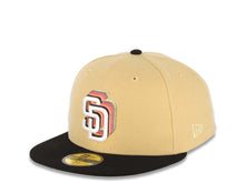 Load image into Gallery viewer, San Diego Padres New Era MLB 59FIFTY 5950 Fitted Cap Hat Vegas Gold Crown Black Visor White/Black Staggered Logo Petco Park Side Patch Gray UV
