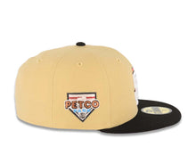 Load image into Gallery viewer, San Diego Padres New Era MLB 59FIFTY 5950 Fitted Cap Hat Vegas Gold Crown Black Visor White/Black Staggered Logo Petco Park Side Patch Gray UV