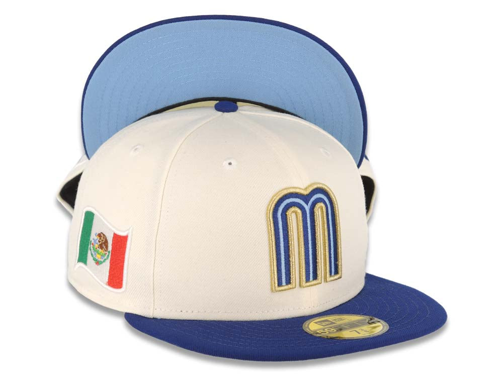 Mexico New Era 59FIFTY 5950 Fitted Cap Hat Cream Crown Royal Blue Visor  Metallic Gold Logo Mexico Flag Side Patch Sky Blue UV