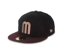 Load image into Gallery viewer, (Corduroy Crown) Mexico New Era WBC World Baseball Classic 59FIFTY 5950 Fitted Hat Black Crown Maroon Visor Metallic Gold Logo Mexico Flag Side Patch