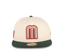 Load image into Gallery viewer, Mexico New Era WBC World Baseball Classic 59FIFTY 5950 Fitted Cap Hat Cream Crown Dark Green Visor Team Color Logo Mexico Flag Side Patch Gray UV