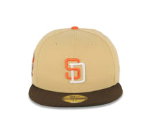 Load image into Gallery viewer, San Diego Padres New Era MLB 59FIFTY 5950 Fitted Cap Hat Vegas Gold Crown Brown Visor Orange/White Logo 25th Anniversary Side Patch Green UV