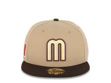 Load image into Gallery viewer, Mexico New Era WBC World Baseball Classic 59FIFTY 5950 Fitted Cap Hat Khaki Crown Dark Brown Visor White/Brown/Yellow Logo Mexico Flag Side Patch