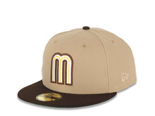 Load image into Gallery viewer, Mexico New Era WBC World Baseball Classic 59FIFTY 5950 Fitted Cap Hat Khaki Crown Dark Brown Visor White/Brown/Yellow Logo Mexico Flag Side Patch