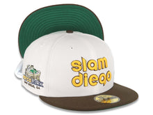 Load image into Gallery viewer, San Diego Padres New Era MLB 59FIFTY 5950 Fitted Cap Hat White Crown Brown Visor Yellow/Brown Slam Diego Script Logo Petco Park Side Patch Green UV