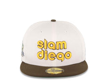Load image into Gallery viewer, San Diego Padres New Era MLB 59FIFTY 5950 Fitted Cap Hat White Crown Brown Visor Yellow/Brown Slam Diego Script Logo Petco Park Side Patch Green UV