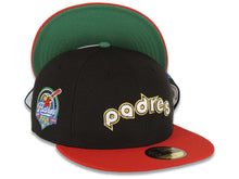 Load image into Gallery viewer, San Diego Padres New Era MLB 59FIFTY 5950 Fitted Cap Hat Black Crown Red Visor White/Yellow Logo 40th Anniversary Side Patch Green UV