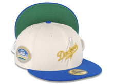 Load image into Gallery viewer, Los Angeles Dodgers New Era MLB 59FIFTY 5950 Fitted Cap Hat Cream Crown Royal Blue Visor Metallic Gold Logo 50th Anniversary Side Patch Green UV