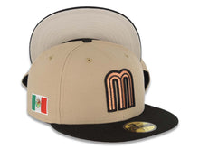 Load image into Gallery viewer, Mexico New Era WBC World Baseball Classic 59FIFTY 5950 Fitted Cap Hat Khaki Crown Black Visor Metallic Brown Logo Mexico Flag Side Patch