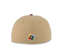 Load image into Gallery viewer, Mexico New Era WBC World Baseball Classic 59FIFTY 5950 Fitted Cap Hat Khaki Crown Maroon Visor Metallic Gold/Maroon Logo Mexico Flag Side Patch Gray UV