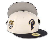 Load image into Gallery viewer, San Diego Padres New Era MLB 59FIFTY 5950 Fitted Cap Hat Cream Crown Dark Navy Visor Navy/Metallic Gold "P" Logo 40th Anniversary Side Patch Gray UV