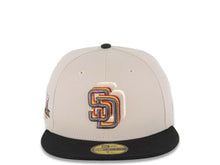 Load image into Gallery viewer, San Diego Padres New Era MLB 59FIFTY 5950 Fitted Cap Hat Stone Crown Black Visor Metallic Black/Gold Staggered Logo Petco Park Side Patch Gray UV