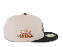 Load image into Gallery viewer, San Diego Padres New Era MLB 59FIFTY 5950 Fitted Cap Hat Stone Crown Black Visor Metallic Black/Gold Staggered Logo Petco Park Side Patch Gray UV